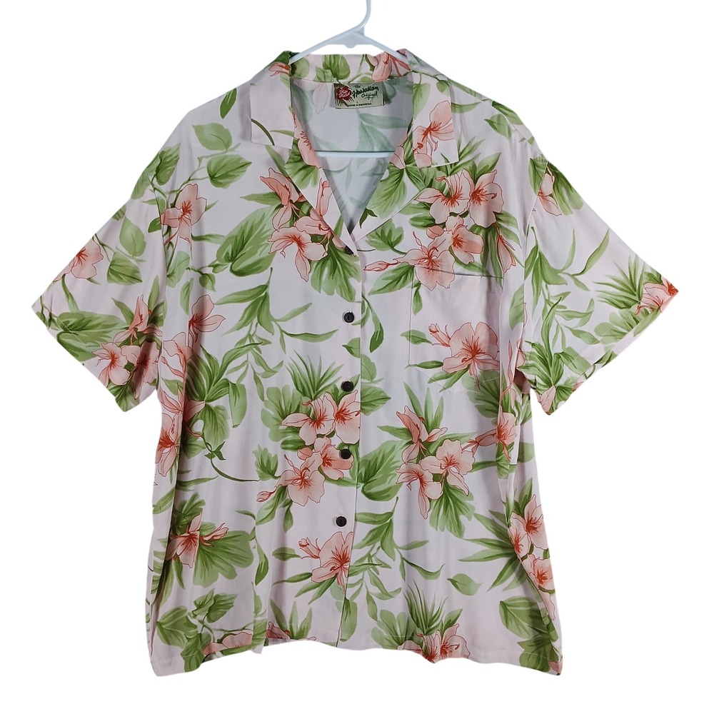 Hilo Hattie Hawaiian Shirt Women Large Pink Hibiscus Rayon Aloha Tropical